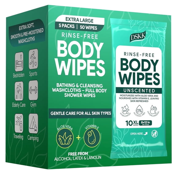 Body Wipes for Adults XL Ultra Thick Bathing Wipes, Unscented with Aloe & Vitamin E, Hypoallergenic Full Body Washcloths for Women, Men & Elderly, Travel & Camping (50 Count)