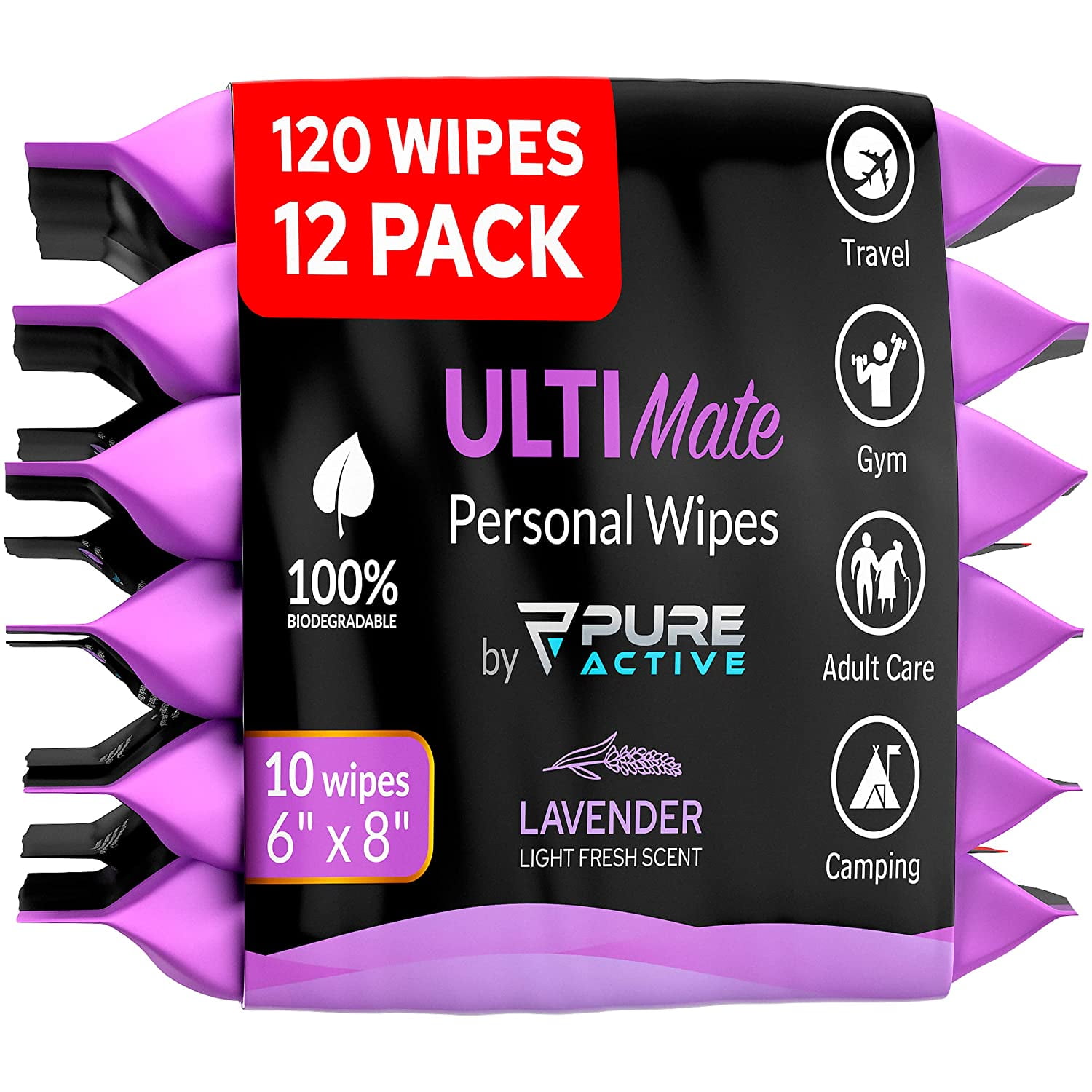 Body Wipes for Women - 12 Pack - 120 Extra Thick Deodorant Wipes - Rinse-Free Lavender Body Wipes - Wet Wipes for Body And Face - Personal Hygiene Wipes for Women Men Teens Adults - biodegradable