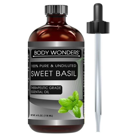 Body Wonders 100% Pure Sweet Basil Essential Oil - 4 fl oz, Therapeutic Grade Oil - Ideal for Aromatherapy | Made in USA