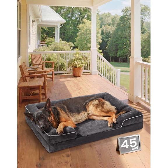 Ophanie Sofa-Style Orthopedic Dog Bed for Large Dogs, Memory Foam Pet Bed with Removable Machine-Washable Plush Cover, Non-Slip Bottom, Black, 45"x 33"x7.5"
