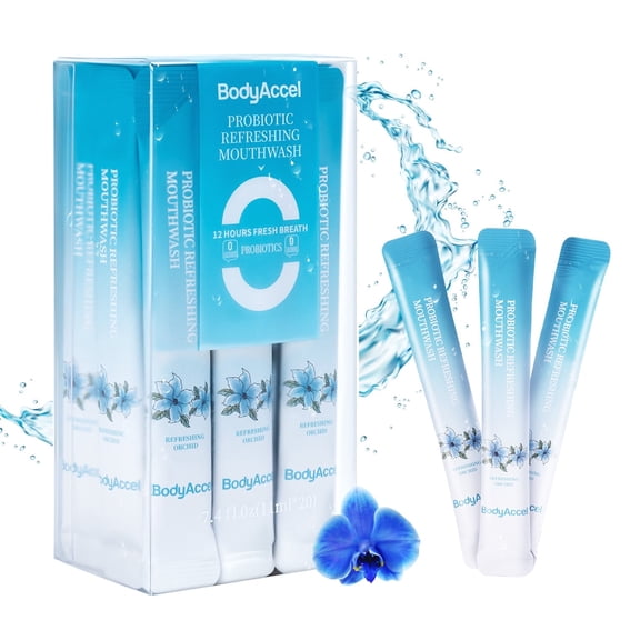BodyAccel Mouthwash Travel Size, Portable Probiotic Travel Mouthwash Strips Alcohol Free Fresh Breath Mint Mouth Wash for Adults, 20 Packs