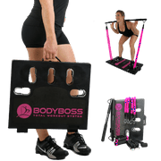 BodyBoss 2.0 - Full Portable Home Gym Workout Package + Resistance Bands - Collapsible Resistance Bar, Handles - Full Body Workouts for Home, Travel or Outside - Pink