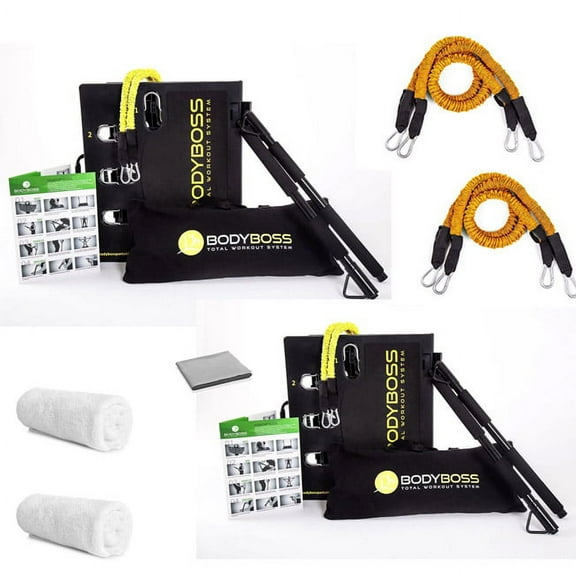 BodyBoss 2.0 Portable Home Gym System (2 pack) - Bundle with 2x Body Boss 12x24 Towels + 2x Extra Custom Resistance Bands