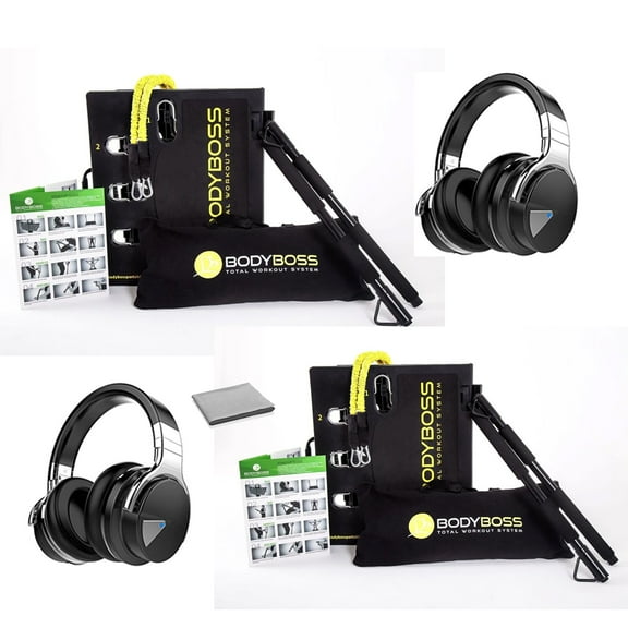 BodyBoss 2.0 Portable Home Gym System (2 pack) -Resistance Bar, Handles- Bundle with 2x COWIN E7 Bluetooth Headphones