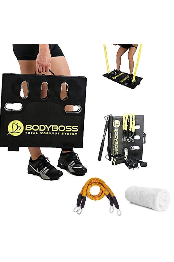 2.0 Portable Home Gym System -Resistance Bar, Handles- Bundle with Body Boss 12x24 Towel