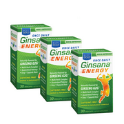 BodyGold Ginsana Energy, Once Daily | Panax Ginseng Extract w/ Herbal Blend for Focus & Endurance | No Caffeine | 30 VegCaps/Box | Pack of 3