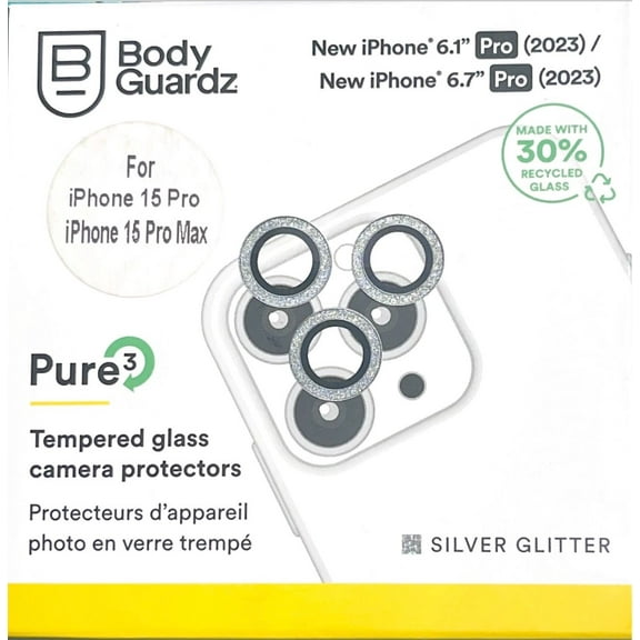 BodyGuardz Silver Glitter Pure 3 Tempered Glass Camera Protector For iPhone 15 Pro/15 Pro Max-Clear