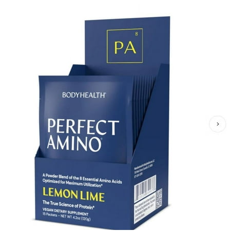 BodyHealth PerfectAmino XP Lemon Lime to-Go Packets, (Box of 15) Best Pre/ Post Workout Recovery Drink, 8 Essential Amino Acids Energy Supplement with 50% BCAAs, 99% Utilization