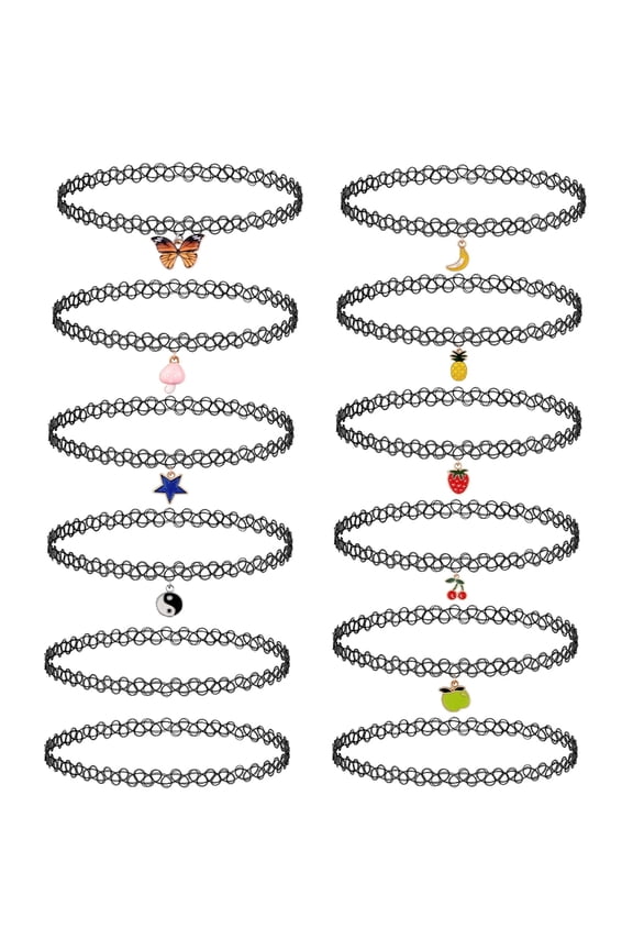 12-Piece Choker Necklace with Star, Butterfly, Fruit Pendants