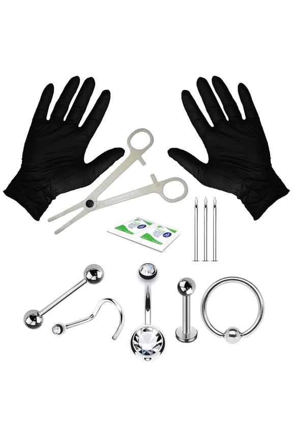 12PC PRO Piercing Kit Surgical Steel 14G 16G 18G Belly Button Nipple Lip Nose Jewelry
