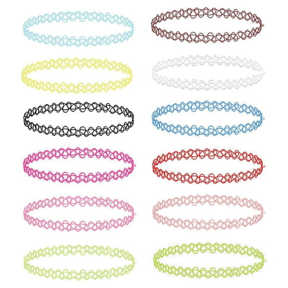 BodyJ4You 12PC Tattoo Choker Necklace - 90s Accessories 2000s Jewelry Y2K Fashion Vintage Trendy - Vibrant Pink Blue White Green Black - Stretchy Elastic Necklace