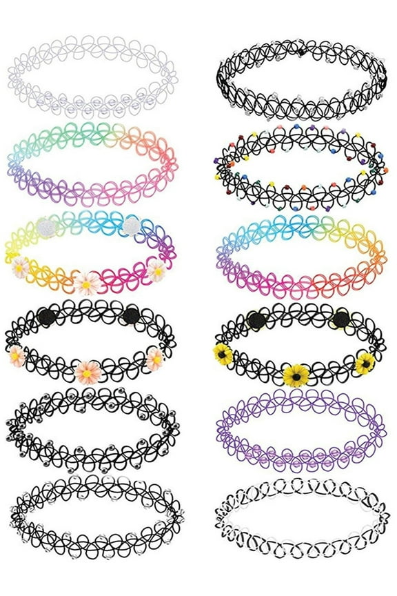 12PC Tattoo Choker Necklace for Women - 90s Choker Necklaces Y2K Fashion Trendy Vintage - Pride Rainbow Choker Clear Black Purple Pink Daisy Flower - Stretchy Elastic Chokers Neck Lace