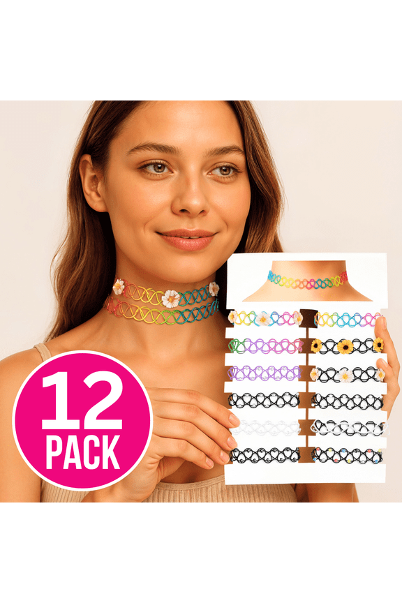 12PC Tattoo Choker Necklace for Women - 90s Choker Necklaces Y2K Fashion Trendy Vintage - Pride Rainbow Choker Clear Black Purple Pink Daisy Flower - Stretchy Elastic Chokers Neck Lace