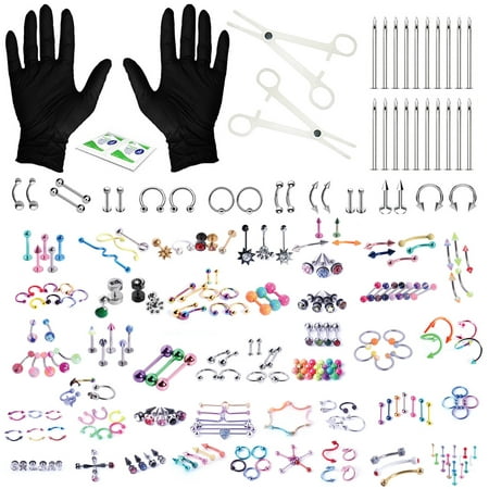 BodyJ4You 156PC Body Piercing Kit | Belly Ring Nose Septum Tragus Ear Cartilage Industrial | Horseshoe Ring Hoop Barbell Stud Spike | 14G 16G Silvertone | RANDOM Mix Jewelry