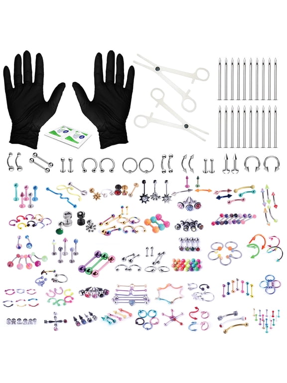 156PC Body Piercing Kit | Belly Ring Nose Septum Tragus Ear Cartilage Industrial | Horseshoe Ring Hoop Barbell Stud Spike | 14G 16G Silvertone | RANDOM Mix Jewelry