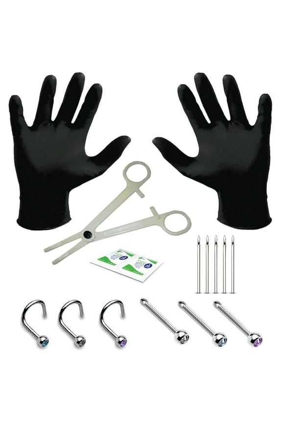 15PC Nose Piercing Kit 20G Aftercare Piercing Bump Treatment | Nostril Screw Curved Bone Stud Push In Pin CZ Crystal | Stainless Steel Tools Needles Gloves Clamps
