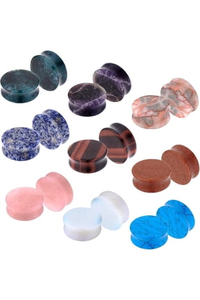 18PC Stone Ear Stretching Plugs 24mm (1") - Saddle Double Flared Gauges for Ears - Natural Agate Amethyst Turquoise Tunnels Expander Stretcher Earrings - Men Women Unisex Body Jewelry