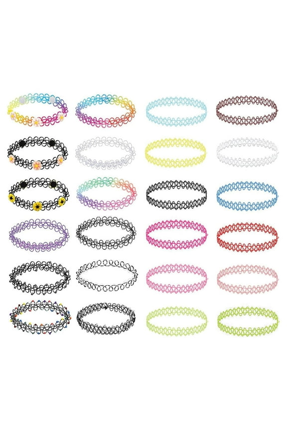 24PC Tattoo Choker Necklace - 90s Choker Necklaces Y2K Fashion Trendy Vintage - Daisy Flower Charm Colorful Rainbow Black Goth Pendant - Stretchy Elastic Necklace