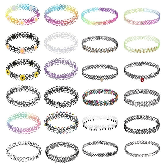 Multicolor 90s Accessories Disco Ball Charms Vibrant 24PC Tattoo Choker Necklace Set, 18 in, 24 Count