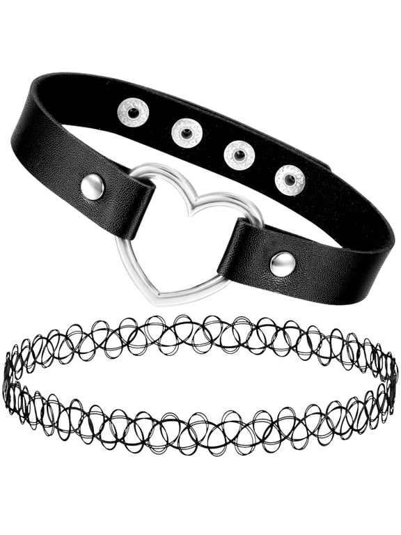 Tattoo Choker Necklace Set Black 90s Y2K Leather Gothic Emo 2 Pack