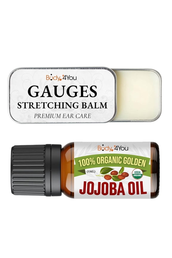 2PC Piercing Aftercare Set - Jojoba Oil Ear Balm - Gauges Ear Lobe Tunnel Plug Taper Expander - Natural Recovery Solution Pure Unrefined Skin Treatment Vitamins