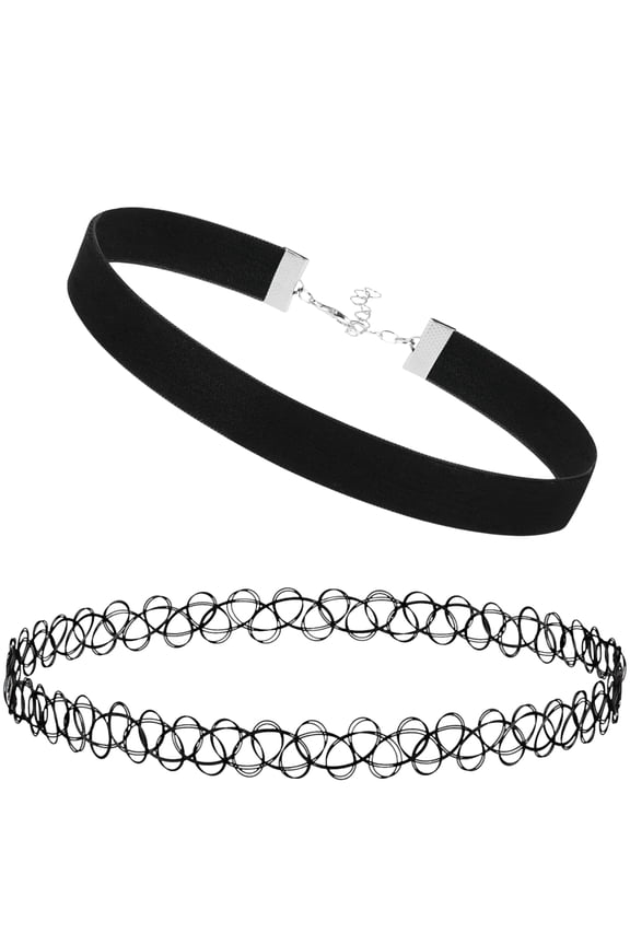 2PC Tattoo Choker Velvet Necklace - 90s Black Choker Necklace for Women - 2000s Y2K Vintage Collar Neck Lace - Skinny Rope Gothic Jewelry Emo Scene Accessories Punk Rock Femboy Statement