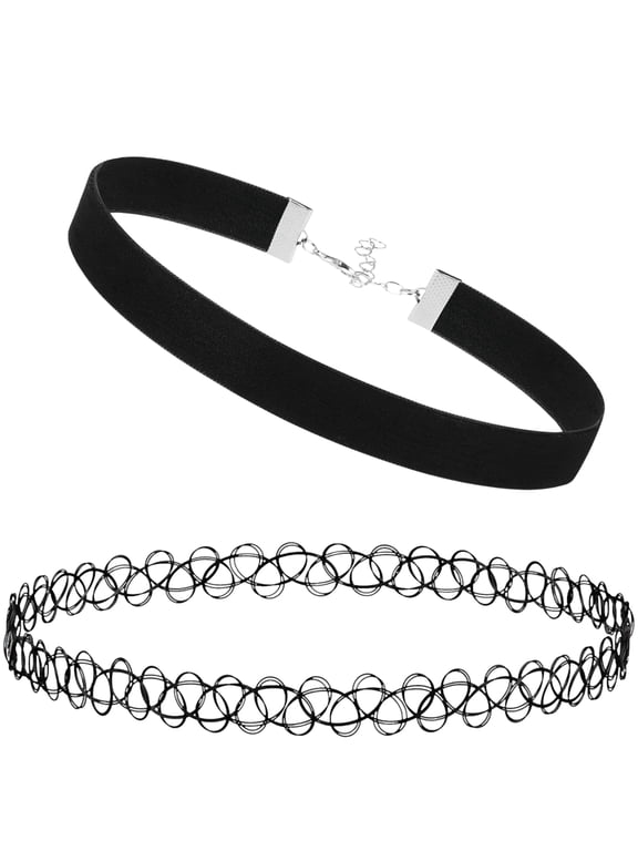 2PC Tattoo Choker Velvet Necklace - 90s Black Choker Necklace for Women - 2000s Y2K Vintage Collar Neck Lace - Skinny Rope Gothic Jewelry Emo Scene Accessories Punk Rock Femboy Statement
