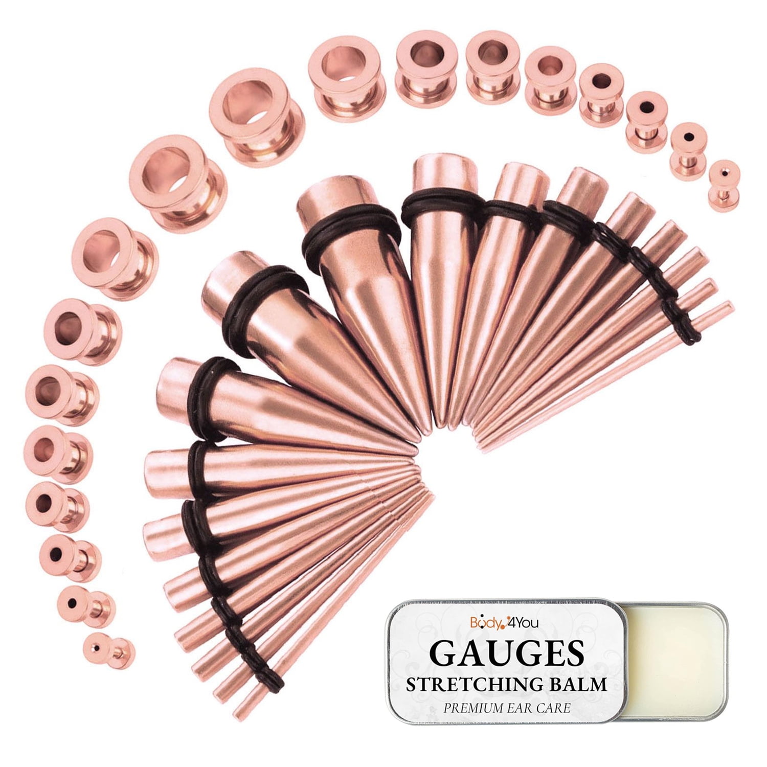 BodyJ4You 37PC Ear Stretching Kit 14G00G Beginner Gauges Aftercare Balm Wax Rose Goldtone