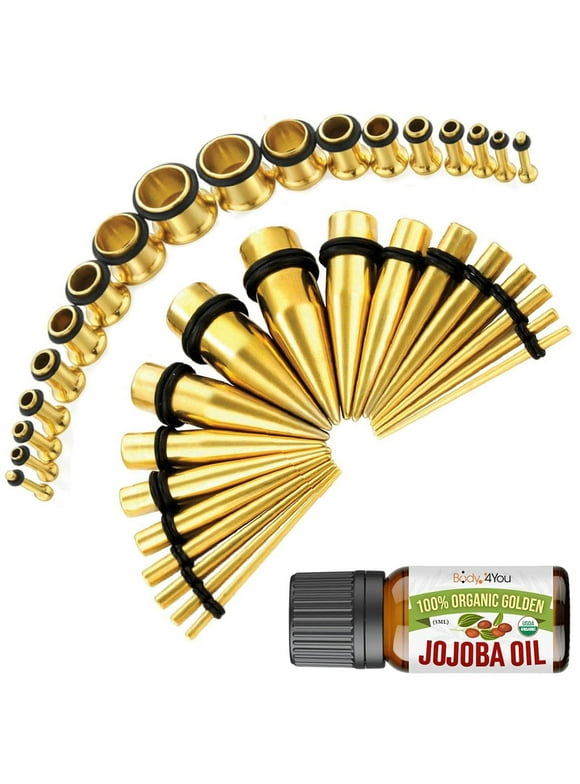 BodyJ4You 37PC Ear Stretching Kit - 14G-00G Beginner Gauges - Aftercare Jojoba Oil - Goldtone Steel Tapers Single Flare Plugs Tunnels - Stretchers Expanders Eyelets