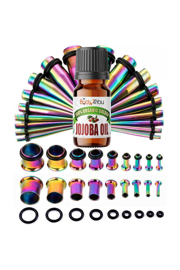 37PC Ear Stretching Kit with Jojoba Oil - Complete Beginner Set Gauges for Ears 14G-00G - Rainbow Stainless Steel Tapers Single Flare Plugs Tunnels - Dead Stretching Lobe Men Women