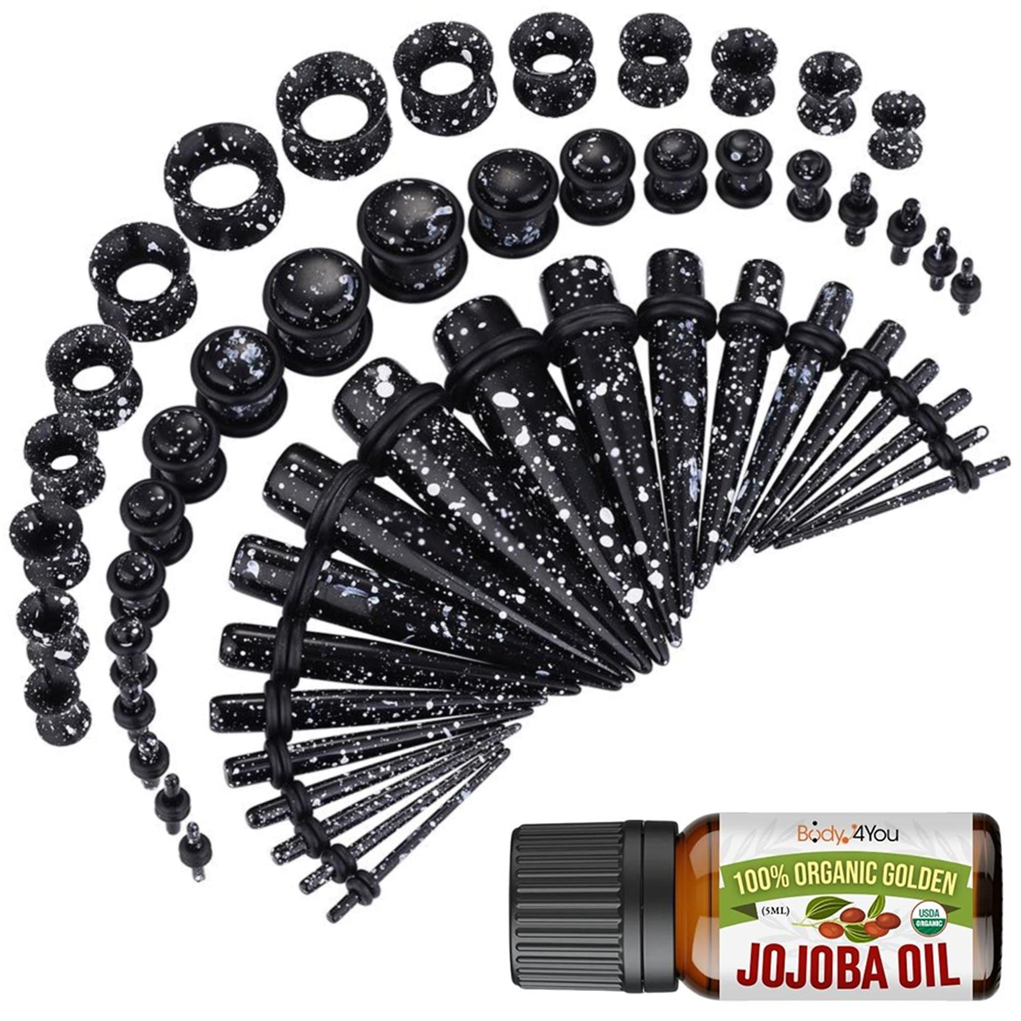 BodyJ4You 54PC Ear Stretching Kit 14G12mm Aftercare Jojoba Oil Black White Splatter Acrylic