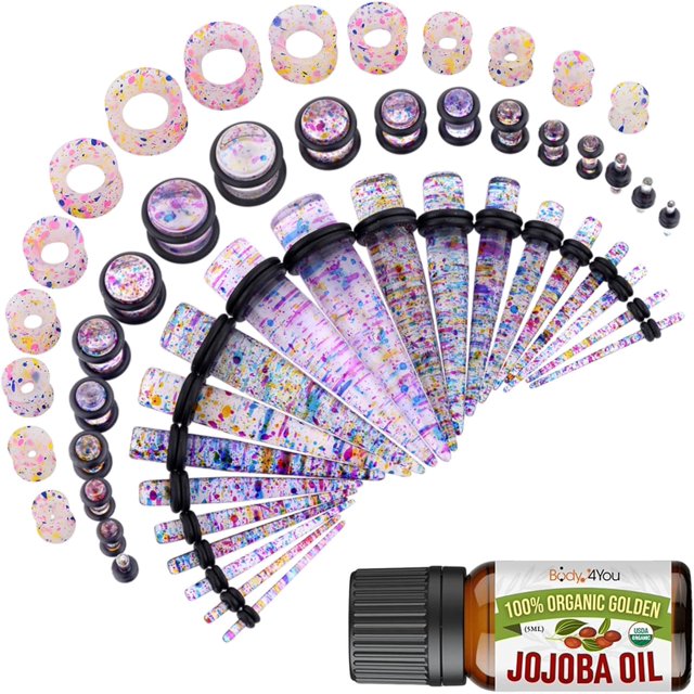 BodyJ4You 54PC Ear Stretching Kit 14G12mm Aftercare Jojoba Oil Multicolor Glitter Acrylic