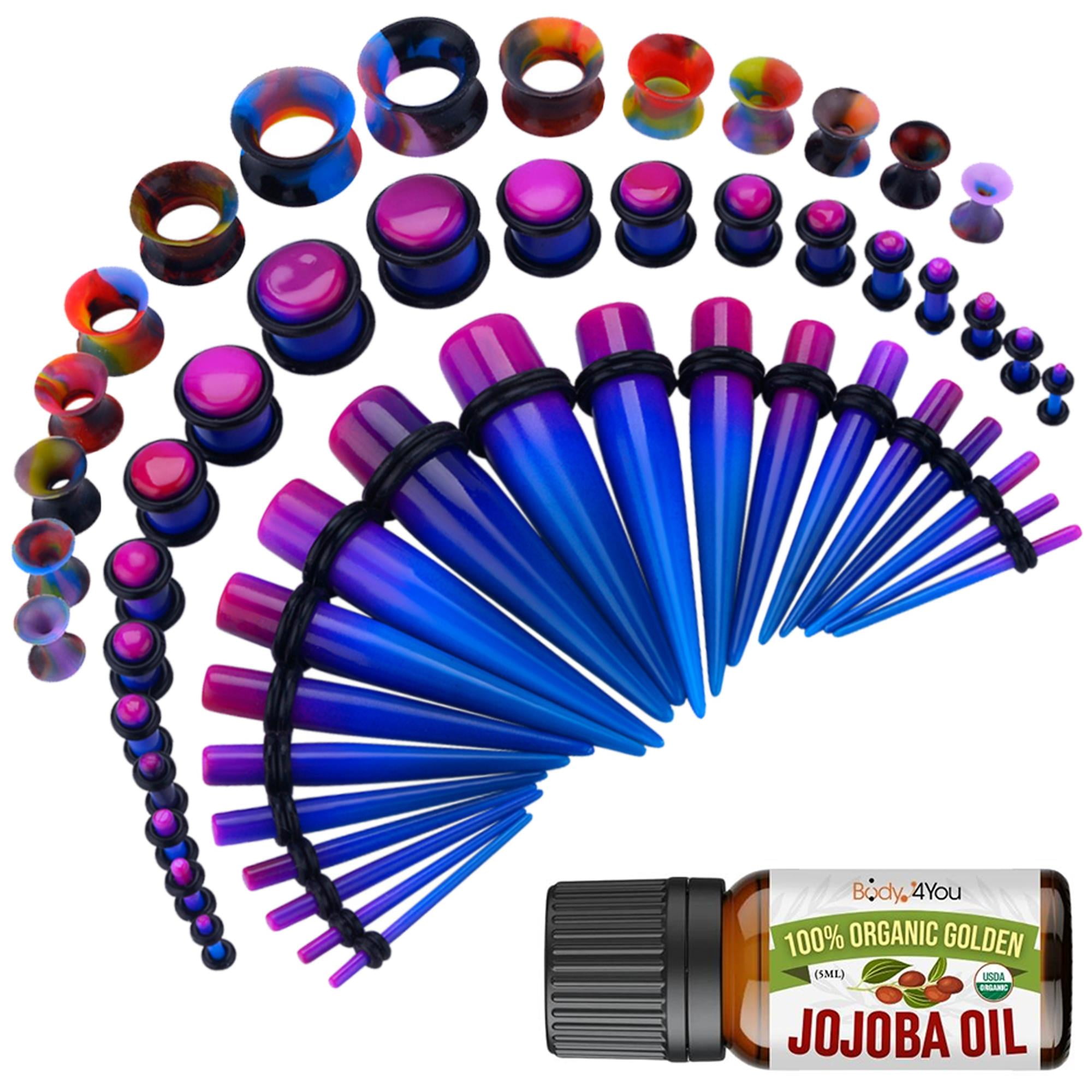 BodyJ4You 54PC Ear Stretching Kit 14G12mm Aftercare Jojoba Oil Purple Blue Acrylic Plugs