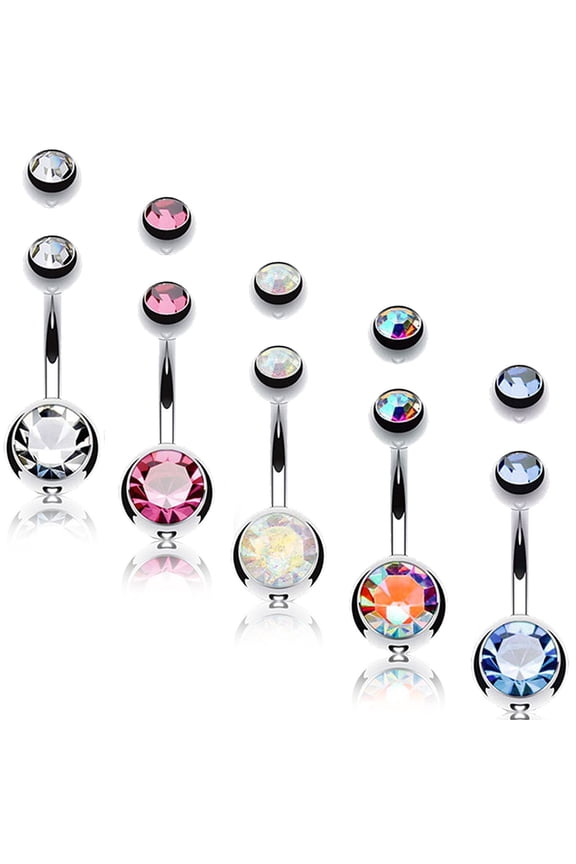 5PC Belly Button Rings 14G Stainless Steel Double CZ Navel Banana Girl Women Jewelry Set