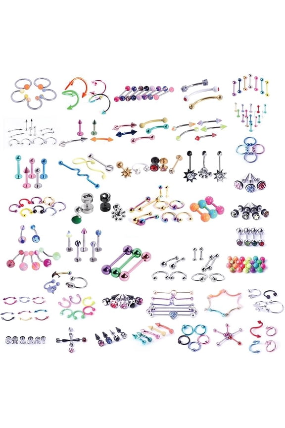 120PC Body Piercing RANDOM Jewelry Kit - CBR BCR Rings Barbells Studs Screws Curved Bars - Belly Button Cartilage Tragus Nose Septum Tongue - 14G 16G 18G Steel Bulk Mix