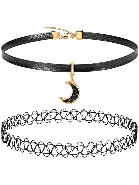 Tattoo Choker Necklace Set Black 90s Y2K Leather Gothic Emo 2 Pack