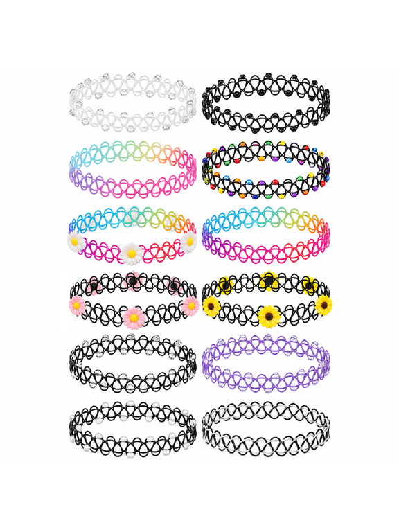 Tattoo Choker Necklace Set Stretchy Adjustable 12 Pack