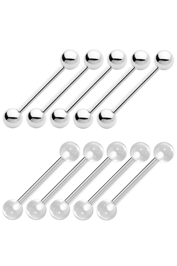 10 Pack Tongue Nipple Ring Barbell and Clear Retainers Surgical Steel Body Piercing Jewelry 14g 16mm 5/8"
