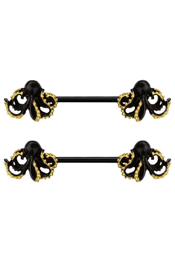 BodyJewelryOnline 14GA Kraken Octopus Nipple Barbell Straight Rings PVD Black Understated Men Women