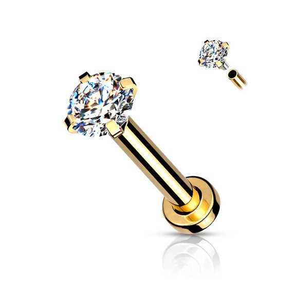 Luxe Modz 18G PVD Plated Prong Setting CZ End Labret Flat Back Studs Earrings Piercings Jewelry for Women Men - Sold Individual