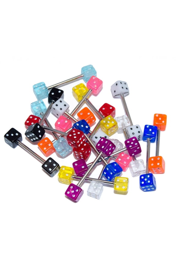 20 Pack 14G Tongue Piercing Barbells Surgical Steel Dice Ends Acrylic Men Women