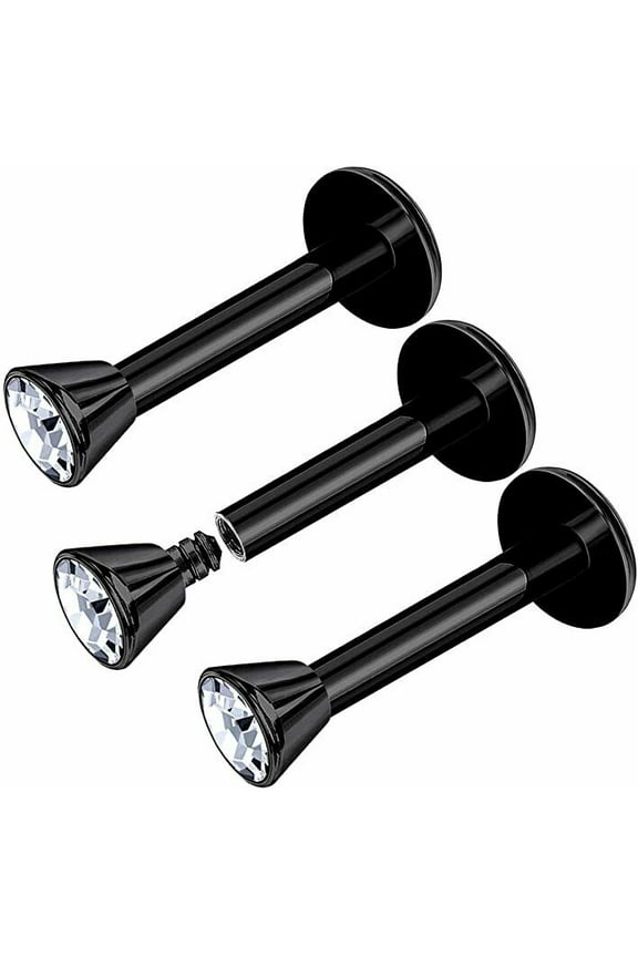 3 Pack Labret Flat Back IP Black Anodized Clear CZ Surgical Steel 16g Works for Most Ear, Lip, Chin, Cartilage Piercings