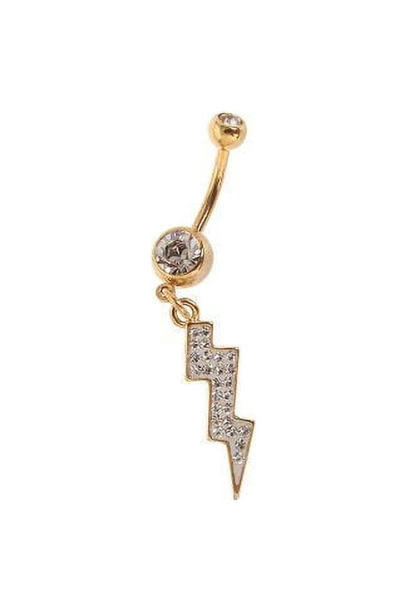 Gold-Plated Belly Ring 14G - Dangle Lightning Bolt Design, 7/16"