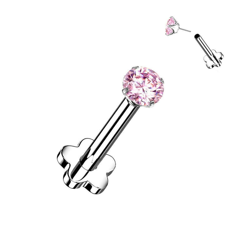 Implant Grade Titanium Threadless Push In Nose Ring Pink CZ Flower With Flat Back Implant Grade Titanium Threadless Push In Nose Ring Pink CZ Flower With Flat Back