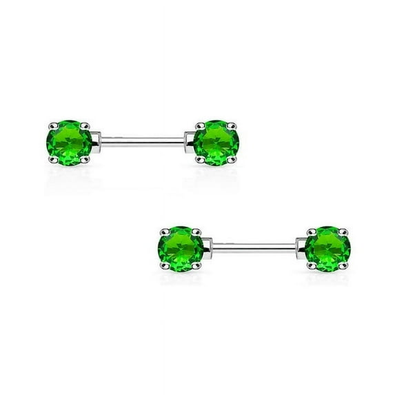 BodyJewelryOnline Pair of Nipple Barbells 14G Surgical Steel with Round Prong Set CZ Gems Men Women