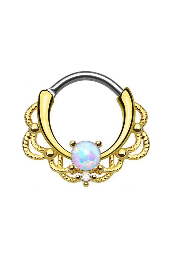 Septum Piercing Clicker Gold Lace Single Opalite CZ Gem 16ga Sold Each Men Women