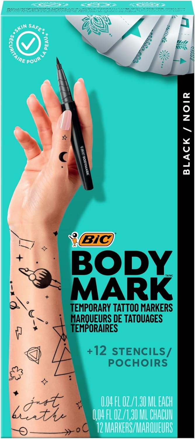 BodyMark BIC Temporary Tattoo Markers for Skin, Black, Mixed Tip, 12Count Pack, SkinSafe
