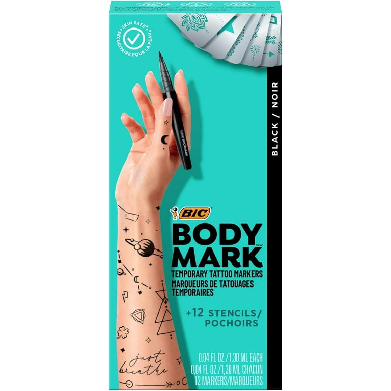BodyMark BIC Temporary Tattoo Markers for Skin, Black, Mixed Tip, 12-Count  Pack, Skin-Safe* Cosmetic Quality