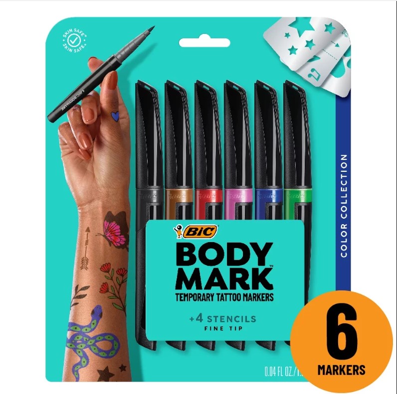 BodyMark Temporary Tattoo Markers for Skin, Color Collection, Flexible Brush Tip, 6-Count Pack of Assorted Colors, and Stencils, Cosmetic Quality - image 1 of 8