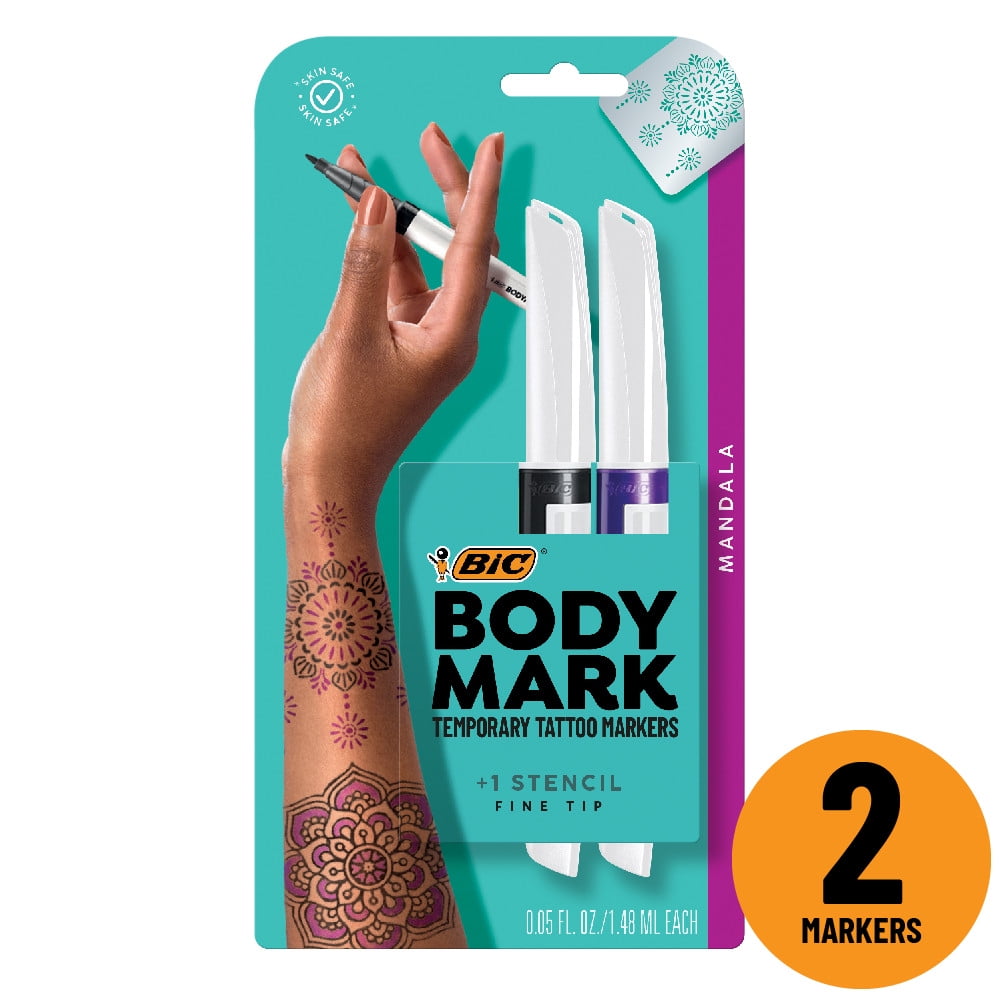 BODYMARK Groovy Pack, Temporary Tattoo Marker for Skin, Premium Brush Tip,  Skin-Safe Temporary Tattoo Markers Set 3-Count Marker Set, 6 Stencil